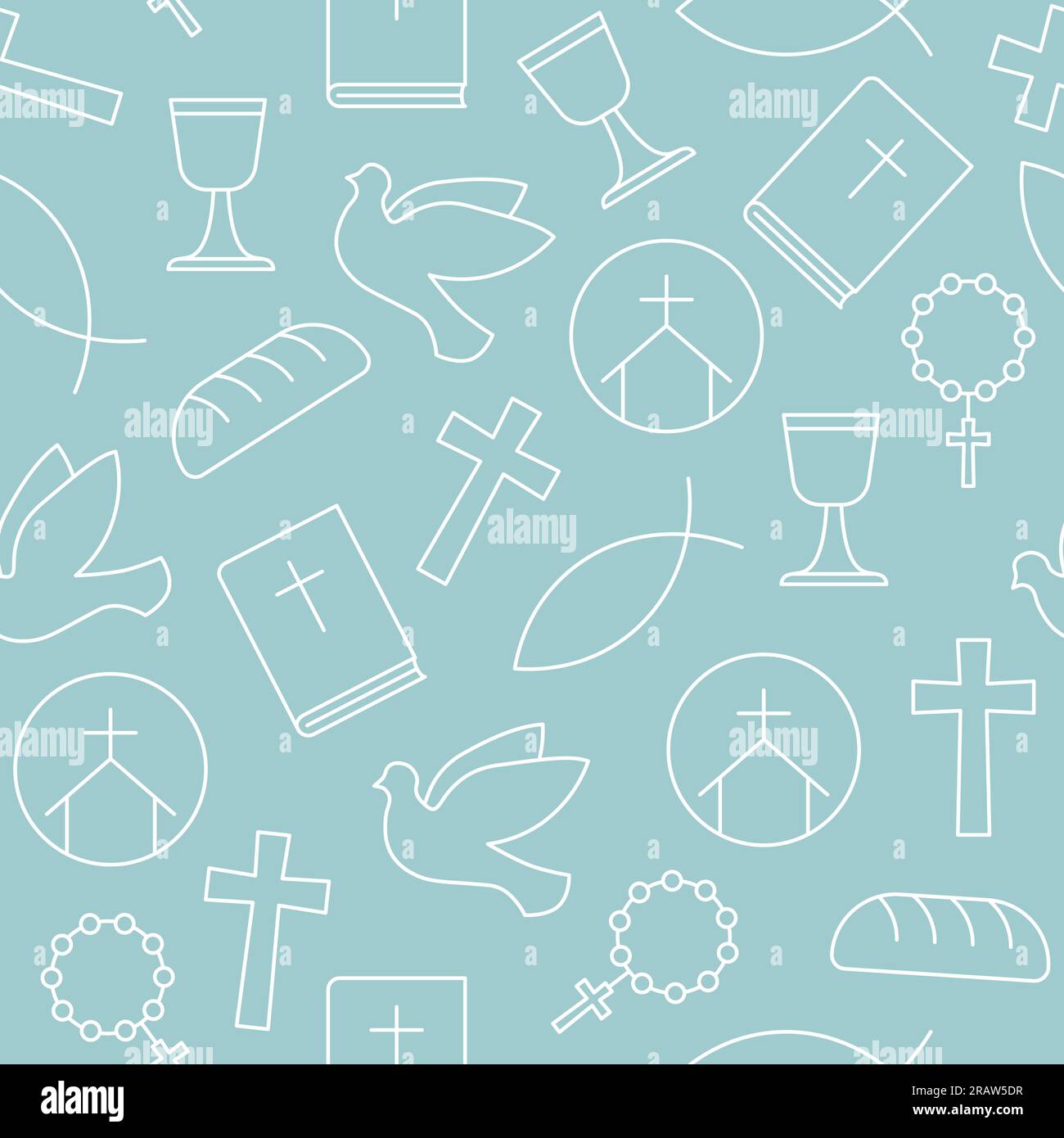 modèle sans couture avec des icônes de religion catholique : bible, croix, colombe, pain, poisson, calice, rosaire- illustration vectorielle Illustration de Vecteur