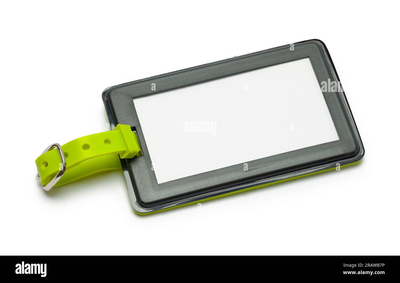 Étiquette de bagage verte et noire découpée sur blanc. Banque D'Images