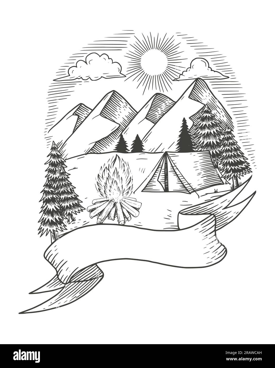Camping dans la nature, paysage de montagne, illustration vectorielle vintage dans le style croquis Illustration de Vecteur