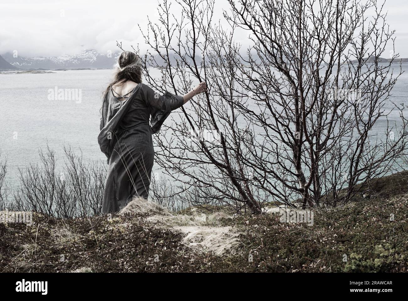 Femme médiévale regardant sur un fjord. La coloration artistique évoque un monde magique et fantastique où nous aimerions tous nous évader juste pour une journée. Banque D'Images