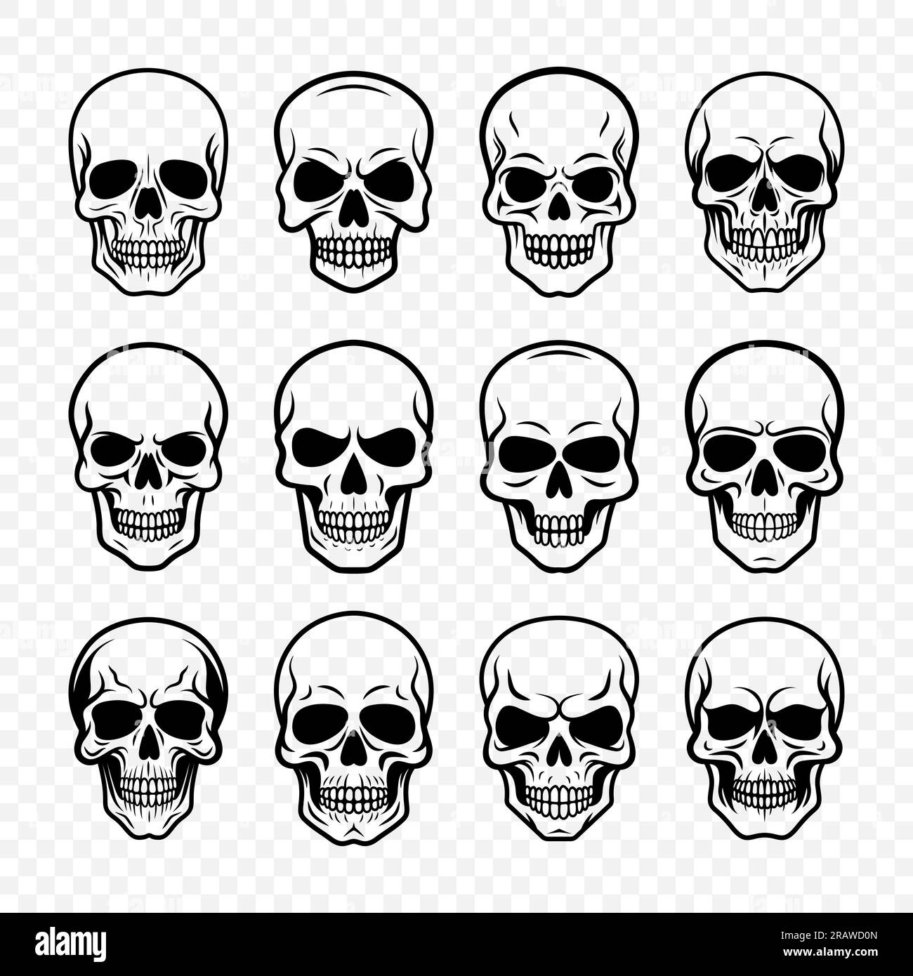 Icône crâne noir vectoriel isolée. Collection Skulls avec contour en vue de face. Modèle de conception de tête de crâne dessiné à la main Illustration de Vecteur