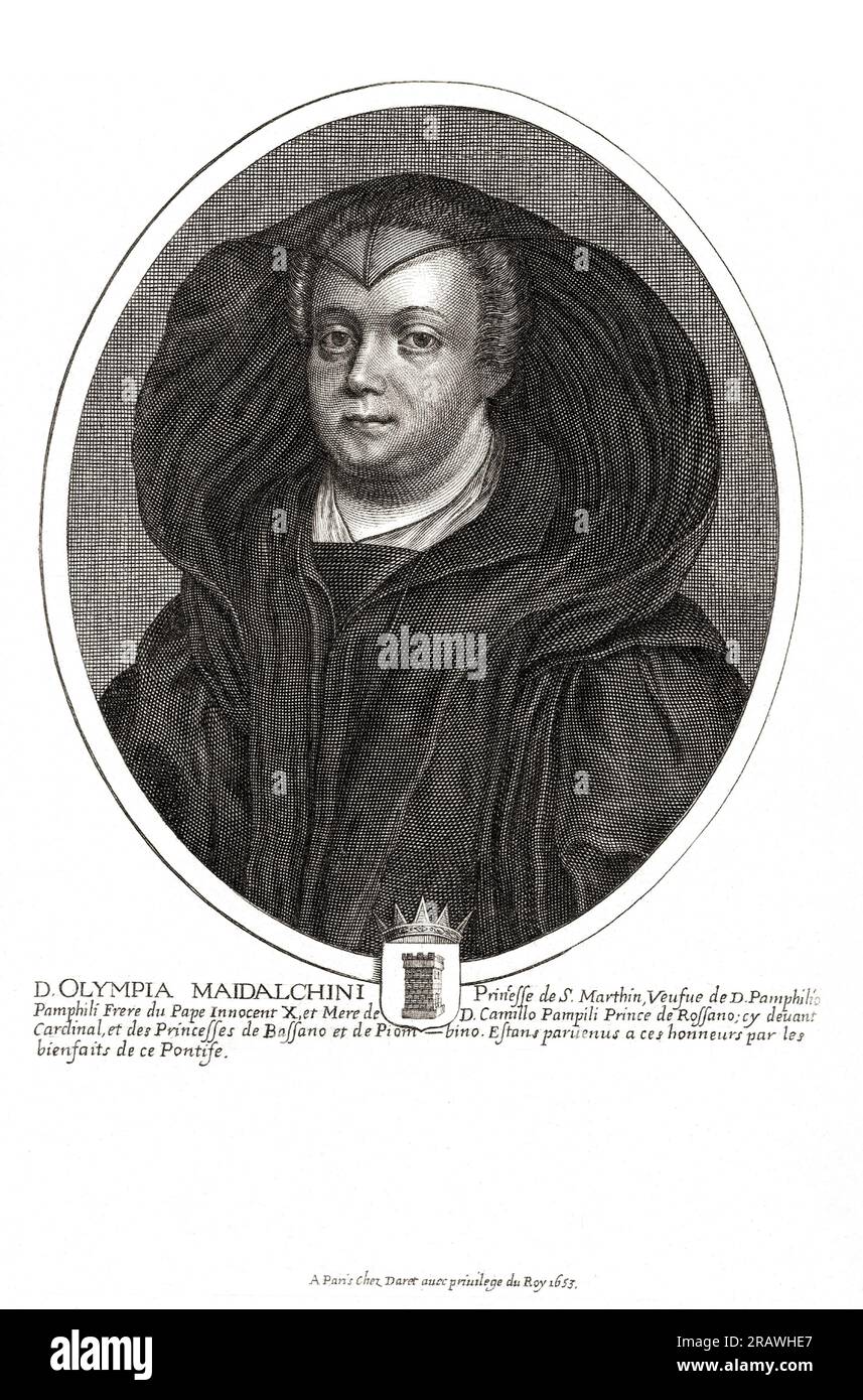 1653 , ROMA , ITALIE : la princesse italienne Donna OLIMPIA PAMPHILI ( 1592 - 1657 ) alias la Pimpaccia , née MAIDALCHINI , devenue princesse de di San Martino al Cimino . Marié en 1612 avec le prince aîné Pamphilio Pamphilj ( 1564 -1639 ) frère du pape INNOCENZO X ( INNOCENTIUS Pamphili , 1574 – 1655 ) né prince Giovanni Battista Pamphilj qui fut le pape de 1644 à sa mort 1655 . Portrait de graveur inconnu , imprimé par Daret , Paris , France , 1653 . - Innocentius - Innocent - Papam - INNOCENTIUM - PAPA - RELIGIONE CATTOLICA - RELIGION CATHOLIQUE - ritratto - portrait - incision Banque D'Images