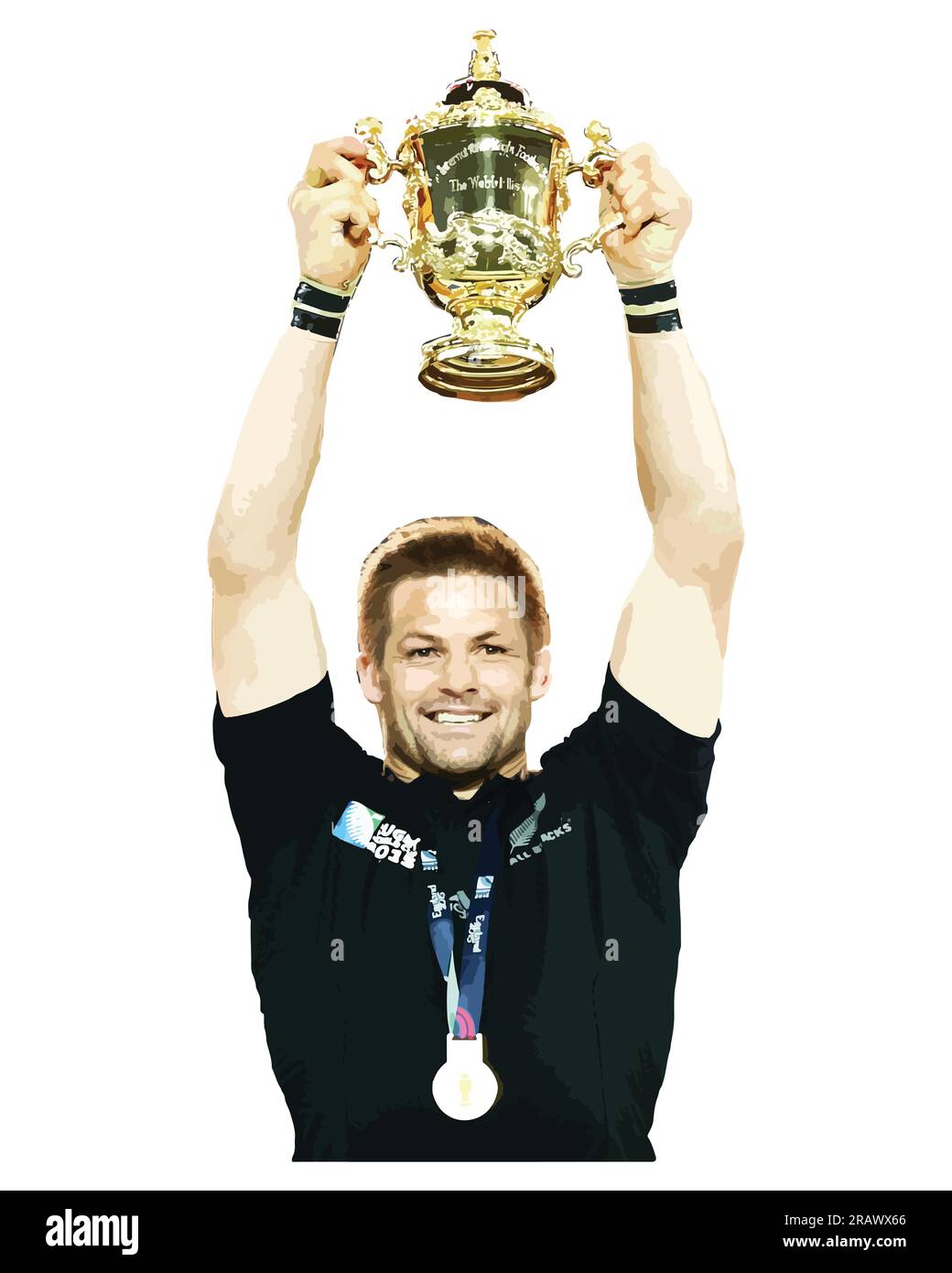 Vainqueur de la coupe du monde de rugby en Nouvelle-Zélande 2015 célébrant le trophée de rugby avec Richie McCaw, Illustration vectorielle Abstract image modifiable Illustration de Vecteur
