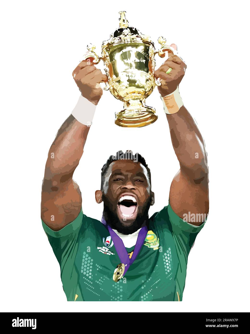 Afrique du Sud vainqueur de la coupe du monde de rugby 2019 célébrant le trophée de rugby avec Siya Kolisi, Illustration vectorielle Abstract image modifiable Illustration de Vecteur