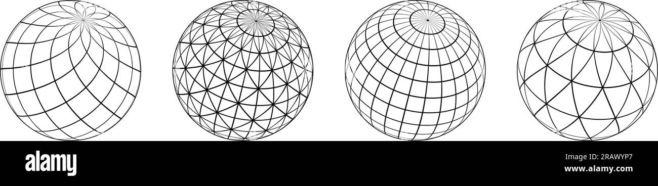 Collection de sphères filaires. globes de contour 3d avec différents motifs de grille. Éléments de cercle géométrique noir pour les modèles de conception, les icônes, le logo. Boules abstraites avec des lignes connectées. Pack Vector Illustration de Vecteur