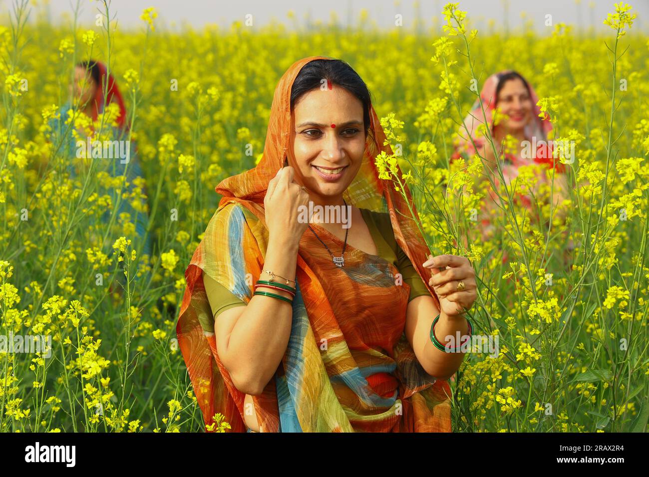 Heureuses femmes indiennes rurales debout dans un champ de moutarde appréciant les avantages du champ agricole de moutarde. Banque D'Images