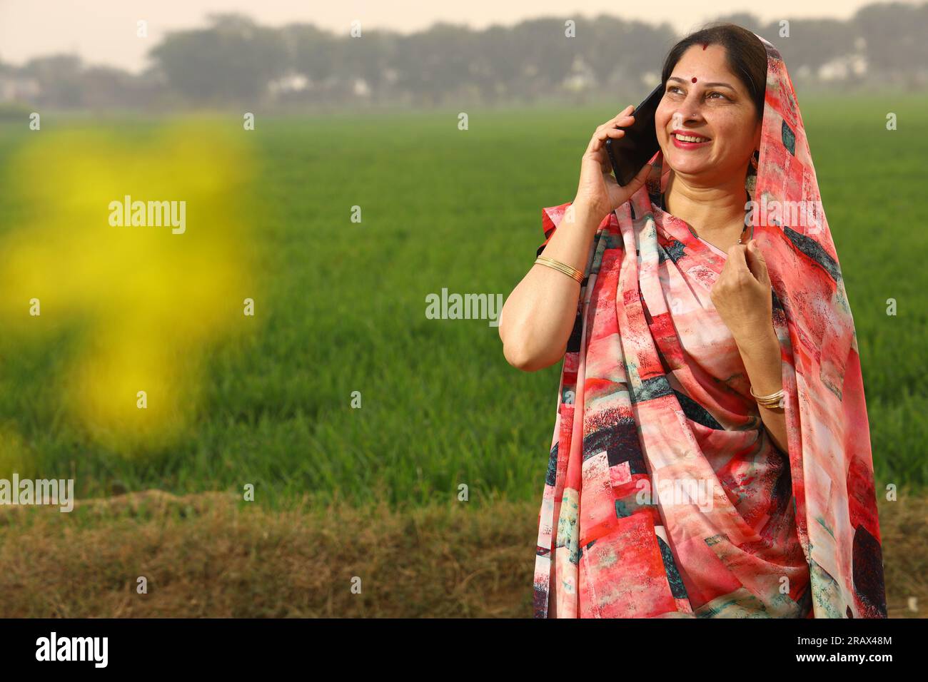 Heureuse femme indienne rurale debout dans un champ agricole de moutarde et surfant à travers le téléphone portable dans sa main. Banque D'Images