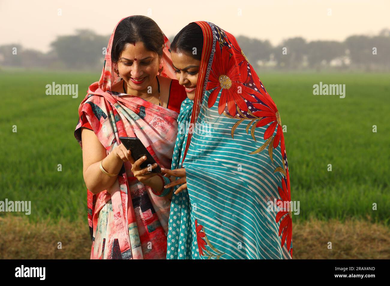 Femmes indiennes rurales heureuses debout dans un champ agricole de moutarde et surfant à travers le téléphone portable dans leur main. Banque D'Images