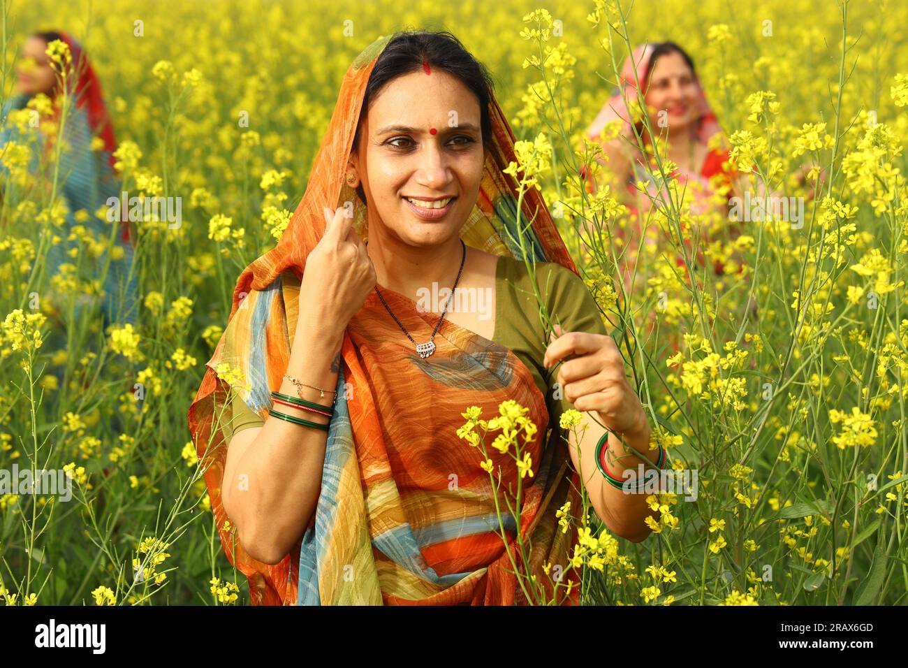 Heureuses femmes indiennes rurales debout dans un champ de moutarde appréciant les avantages du champ agricole de moutarde. Banque D'Images