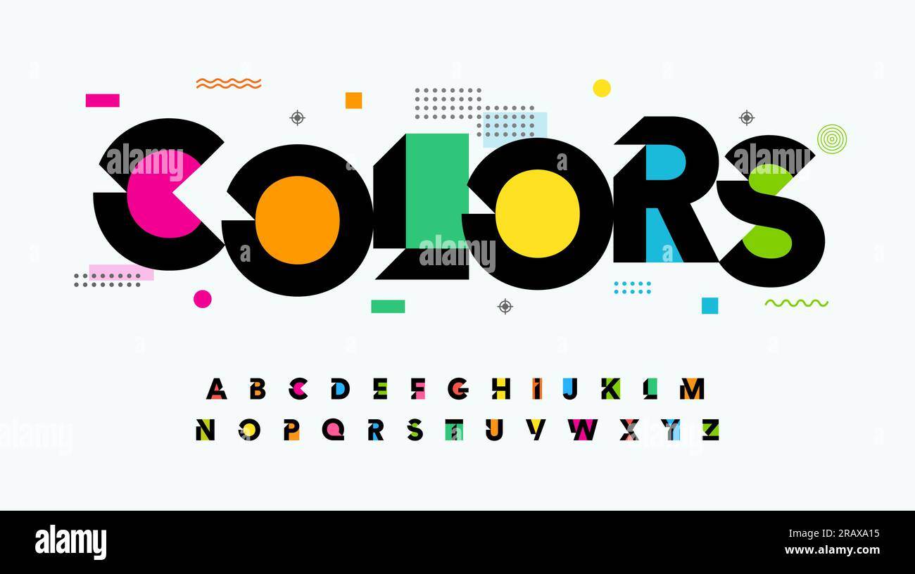Les couleurs font des lettres alphabet. Art créatif, typographie moderne du logo. Design typographique couleur avec des éléments de style memphis. Jeu de lettres vectorielles Illustration de Vecteur