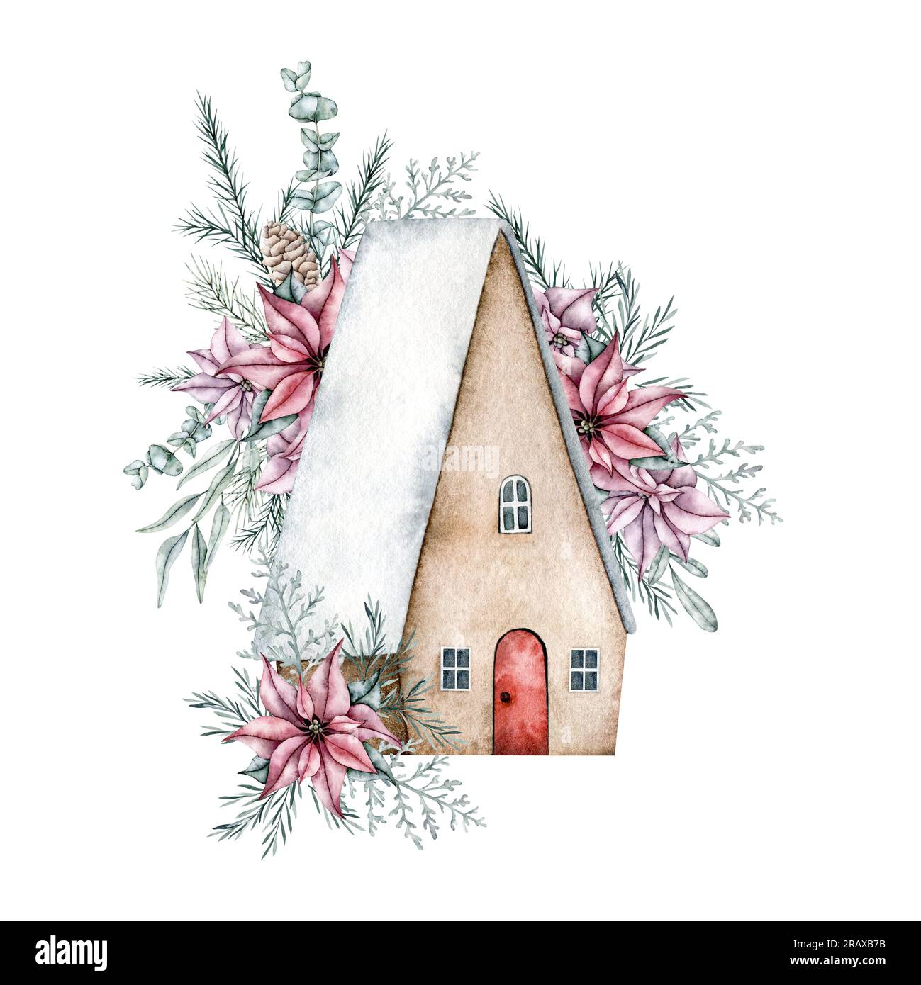 Hiver mignon maison avec portes, fenêtres, neige sur le toit en fleurs de poinsettia rouge, pomme de pin, branche d'épinette émeraude, eucalyptus. Peint à la main Banque D'Images