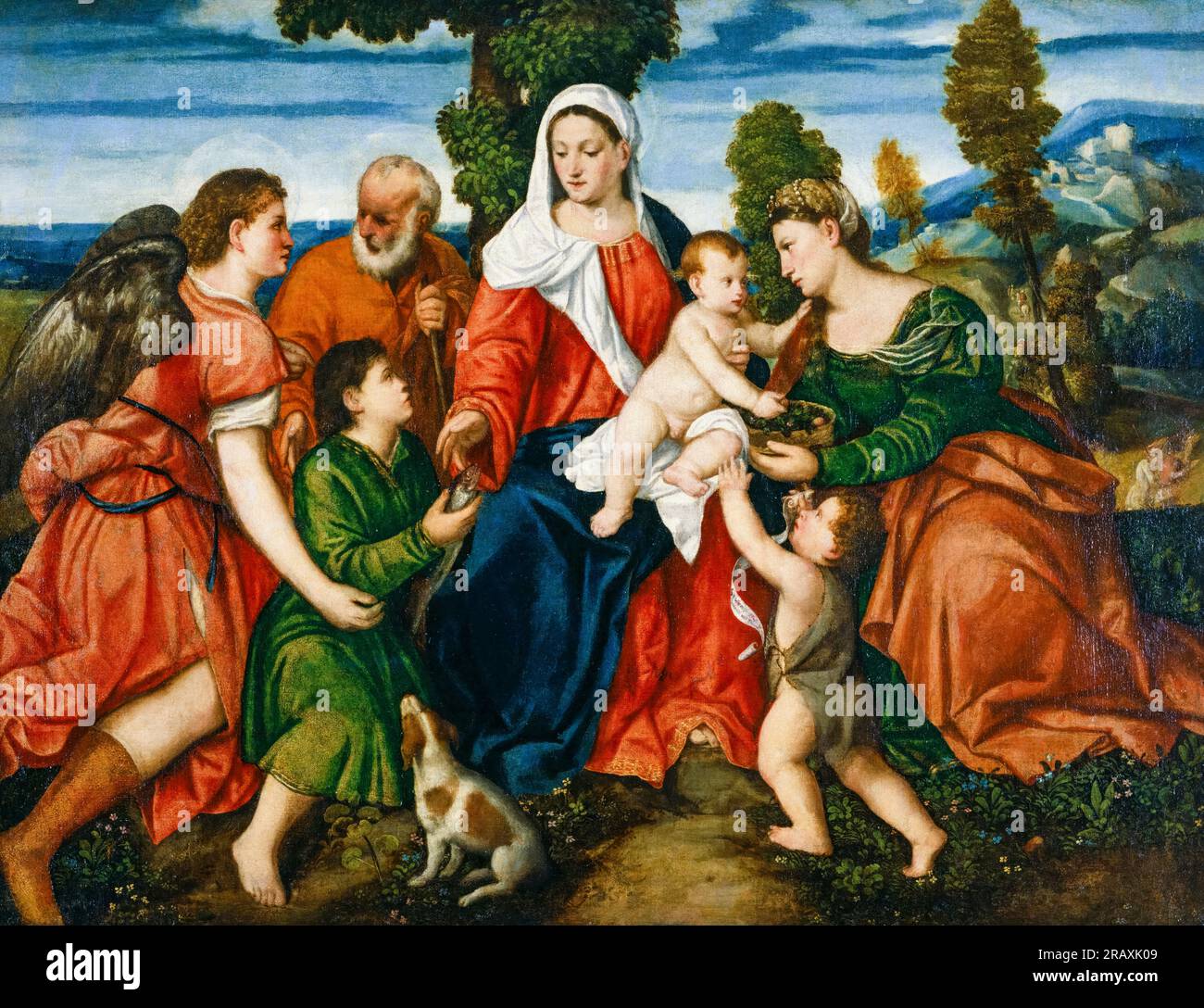 Bonifacio de Pitati dit Bonifacio Véronèse, la Sainte famille avec Tobias et l'Ange, Sainte Dorothée, Giovannino et le Miracle du maïs au-delà, peinture à l'huile sur toile, avant 1553 Banque D'Images
