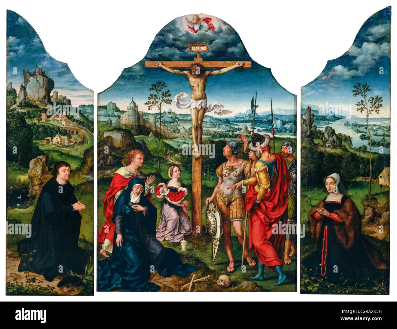 Joos van Cleve, Triptyque : la Crucifixion flanquée du donneur agenouillé et de sa femme, peinture à l'huile sur panneau, avant 1541 Banque D'Images