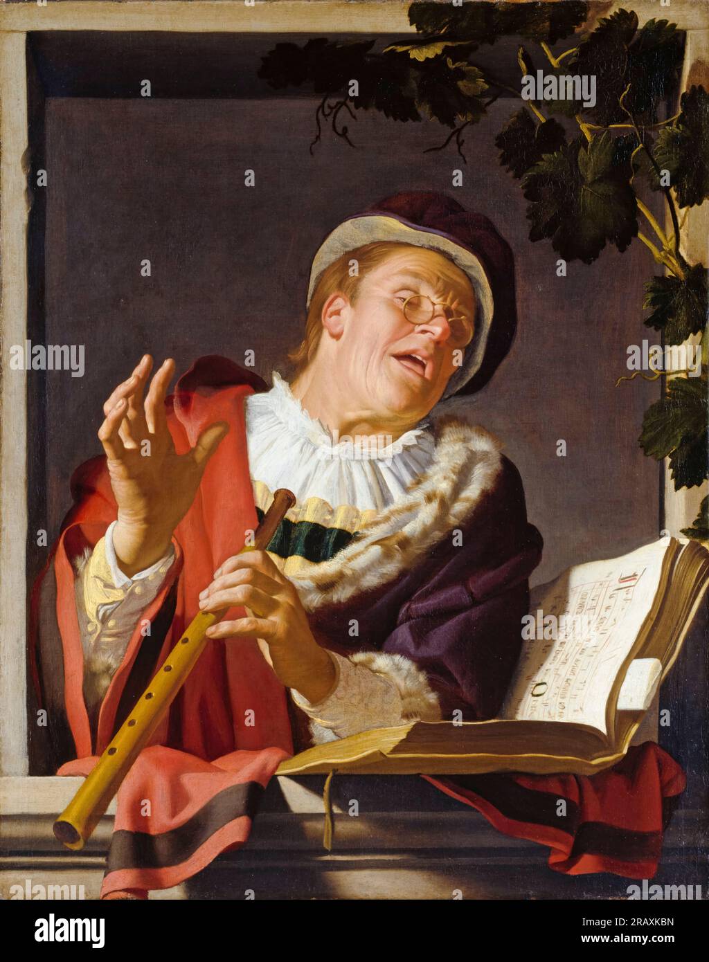 Gerard van Honthorst, flûtiste chantant, peinture à l'huile sur toile, vers 1623 Banque D'Images