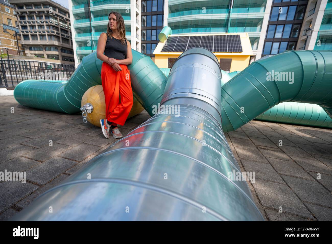 Toit de la station de métro Temple, Londres, Royaume-Uni. 6 juillet 2023. Holly Hendry (photographie) première commande publique à Londres. Conçue pour le jardin de l'artiste, l'œuvre slackwater spécifique au site occupe la vaste terrasse sur le toit de la station de métro Temple. Le projet poursuit le dévouement de theCoLAB à commander des installations contemporaines innovatrices par des femmes artistes dans ce site unique d'un demi-acre. Crédit : Malcolm Park/Alamy Live News Banque D'Images