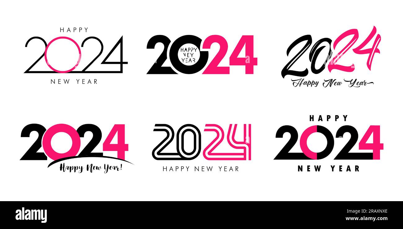 Grand ensemble de 2024 logo rose conception de texte Happy New Year. Typographie de modèle pour carte de voeux, bannière de célébration ou affiche. Illustration vectorielle Illustration de Vecteur