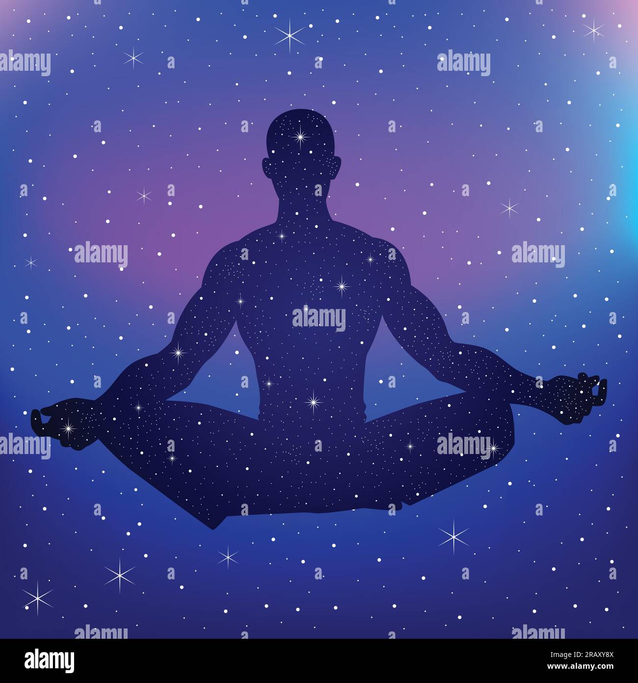 Silhouette illustration d'une figure masculine méditant sur un fond de nébuleuse Illustration de Vecteur