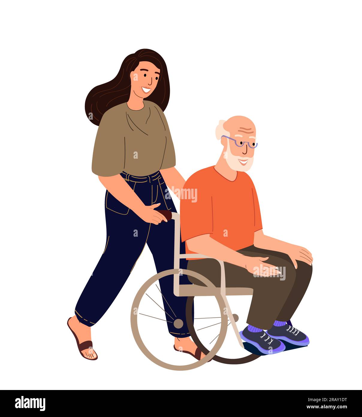 Fille de femme adulte aimante chevauchant son vieux grand-père handicapé dans le fauteuil roulant tenant, le soutenant.Family support illustration.Adult Daught Care, Banque D'Images