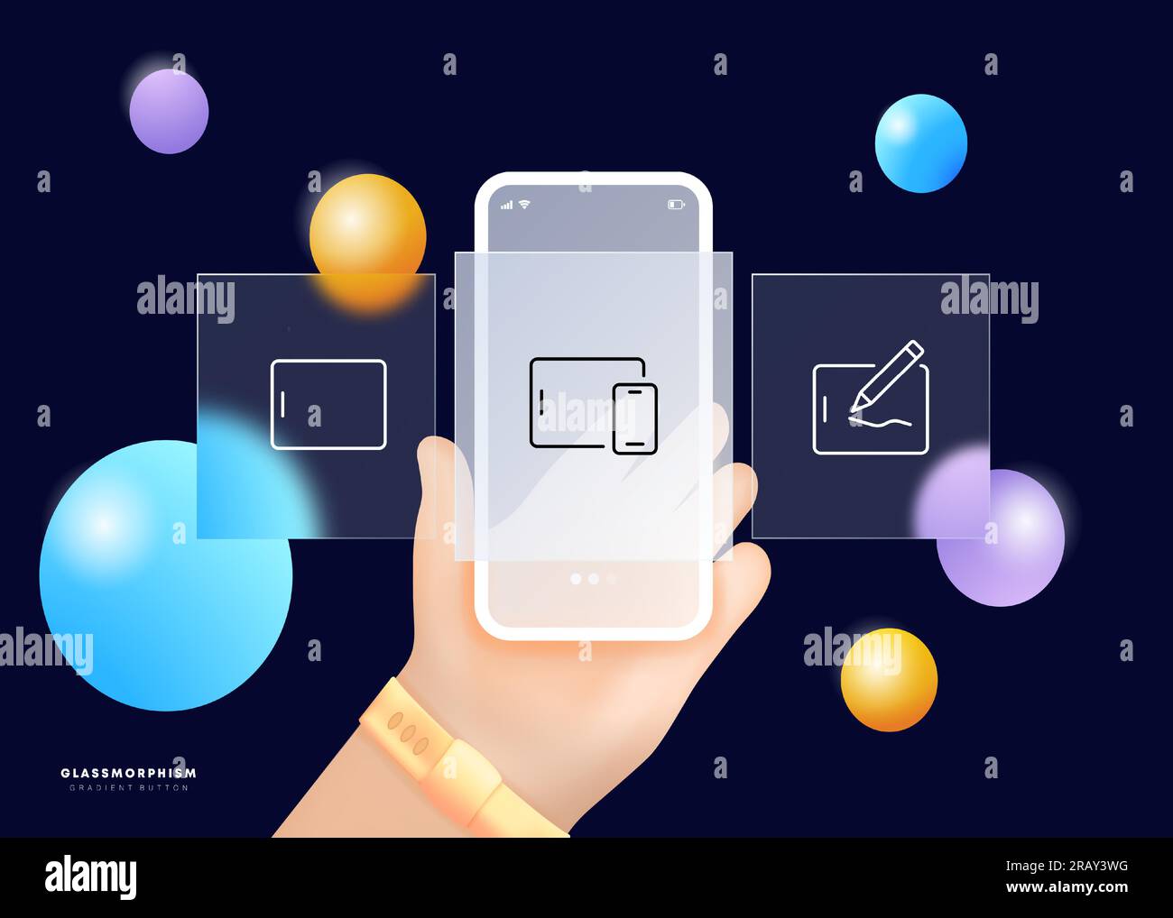 Gadgets pour l'icône de ligne de dessin. Design, tablette, pavé tactile, éditeur graphique, smartphone. Glassmorphisme. Ligne vectorielle de l'écran de l'application de téléphone d'interface utilisateur Illustration de Vecteur