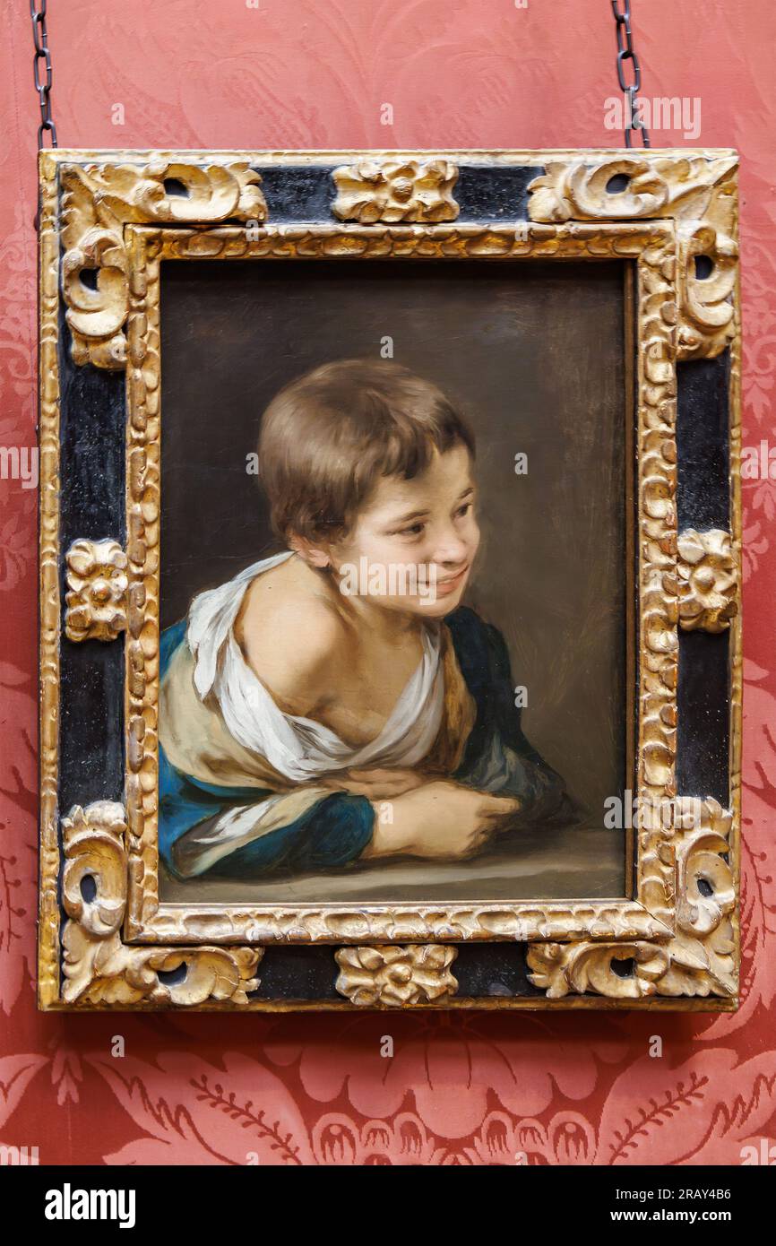 Londres, Royaume-Uni - Mai 2023 : peinture de Bartolome Esteban Murillo intitulée Un garçon paysan penché sur un seuil. Représente un garçon paysan appuyé sur une pierre ébréchée Banque D'Images