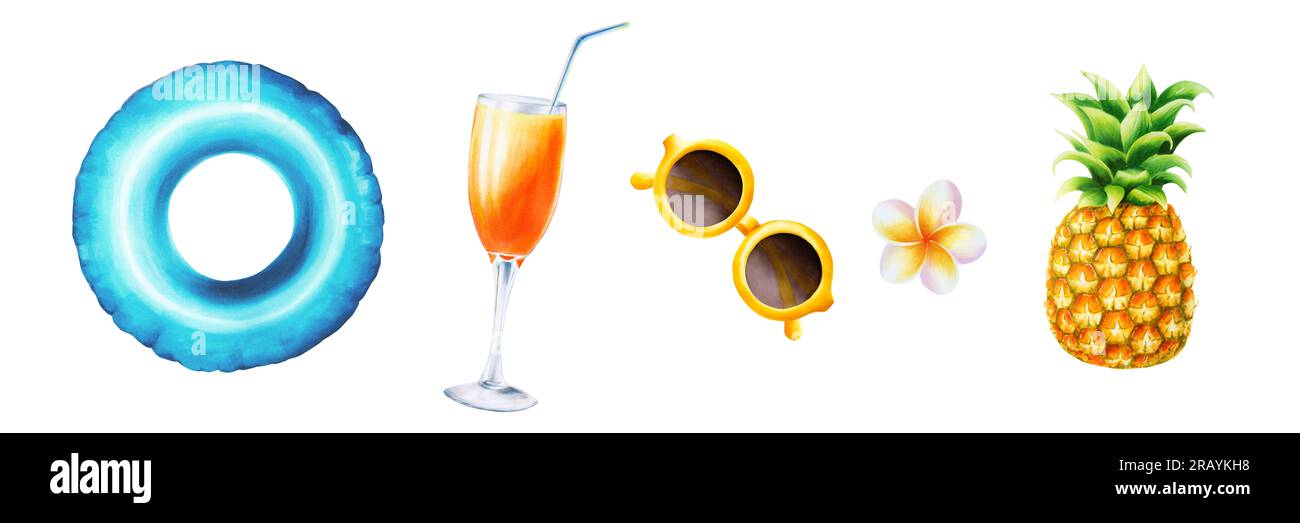 Ensemble d'illustrations à l'aquarelle avec flotteur de piscine, ananas, cocktail dans un gobelet en verre, orchidée et lunettes de soleil. Fruit tropical isolé sur le dos blanc Banque D'Images