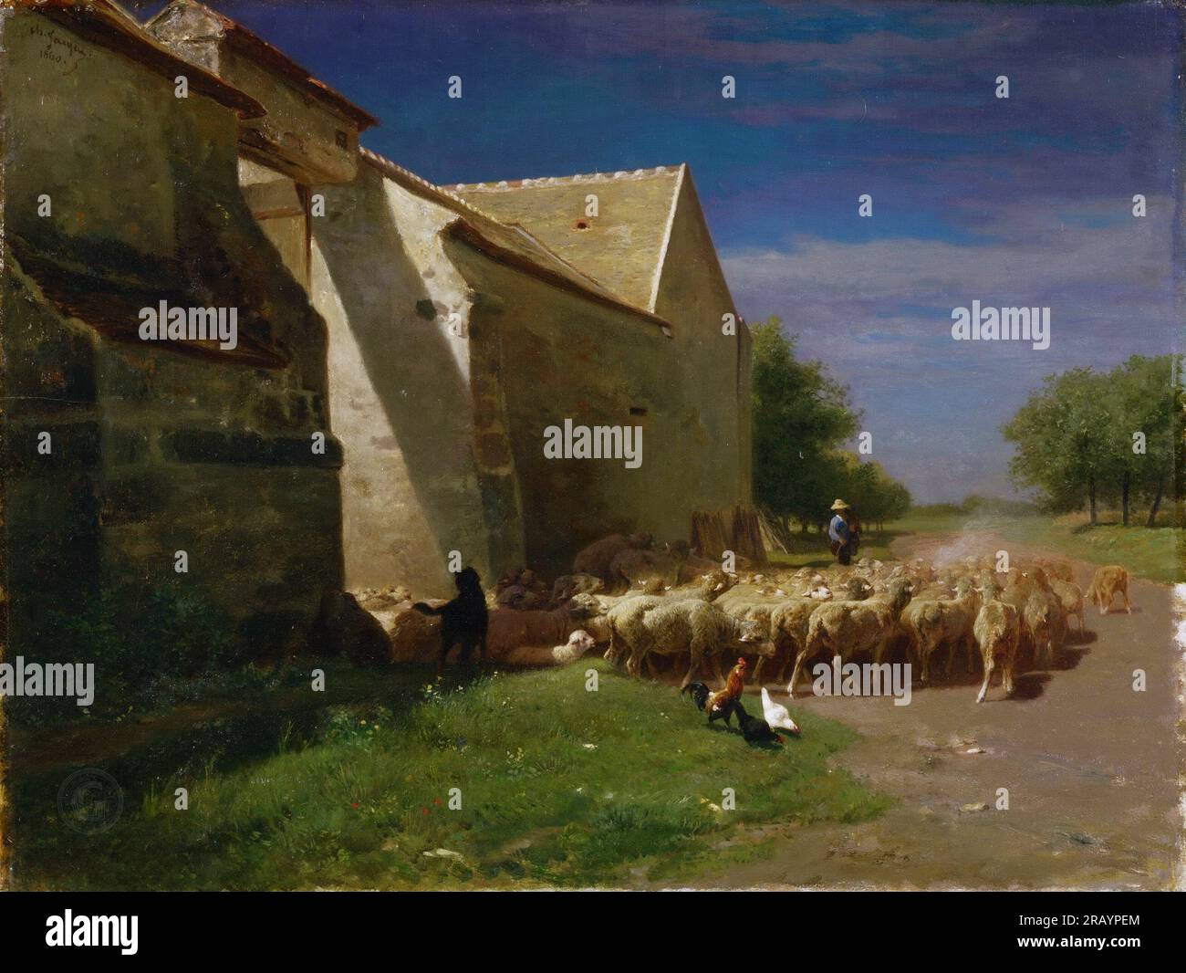 Charles-Émile Jacque, français, 1813-1894 -- le mouton quitte une ferme 1860. Banque D'Images