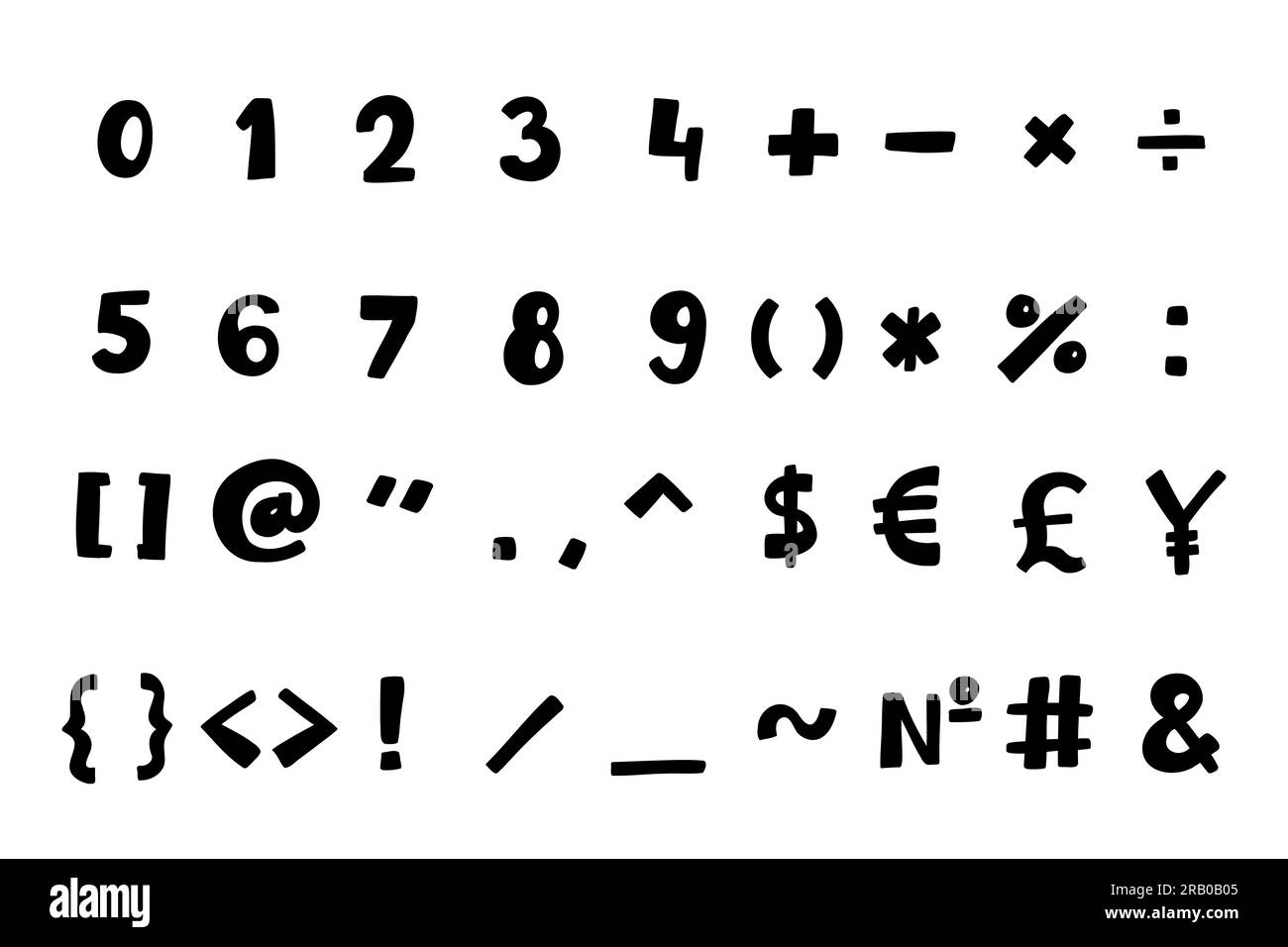 Police de caractères mathématiques et autres symboles et signes spéciaux noirs manuscrits 0 à 9. Illustration vectorielle en dessin animé à la main style Doodle isolé sur whi Illustration de Vecteur