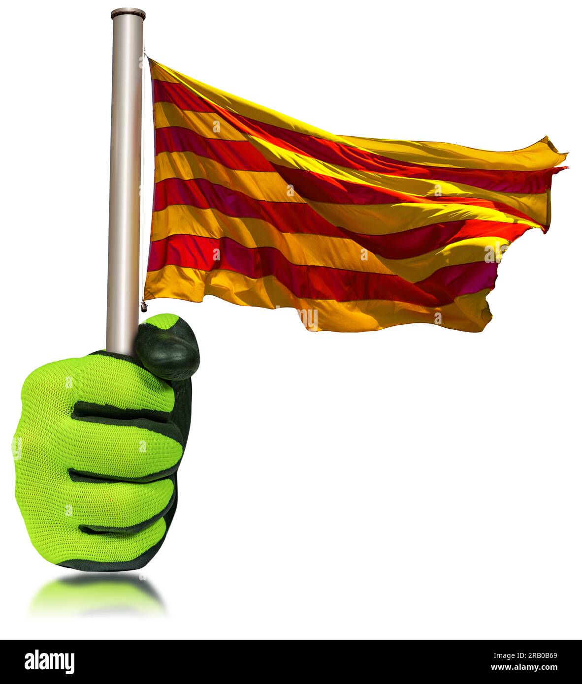 Ouvrier manuel avec des gants de travail de protection tenant un drapeau catalan (la Senyera) accroché sur le mât, isolé sur fond blanc. Espagne. Banque D'Images