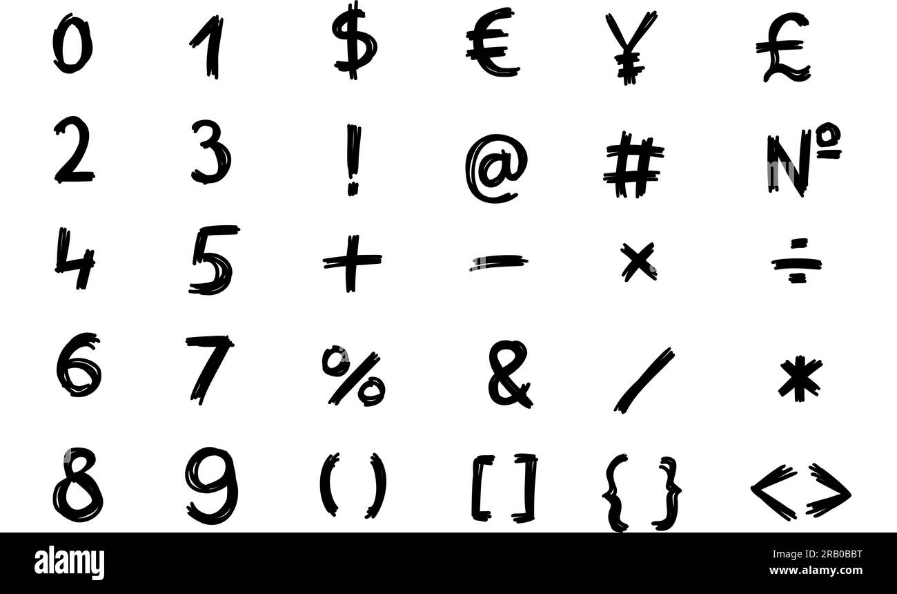 Police de caractères mathématiques et autres symboles et signes spéciaux noirs griffés 0 à 9. Illustration vectorielle en style Doodle dessiné à la main isolée sur fond blanc Illustration de Vecteur