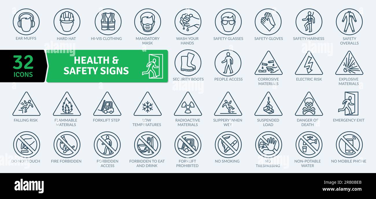 Pack d'icônes de signes de santé et de sécurité. Collection d'icônes de signal de ligne fine Illustration de Vecteur