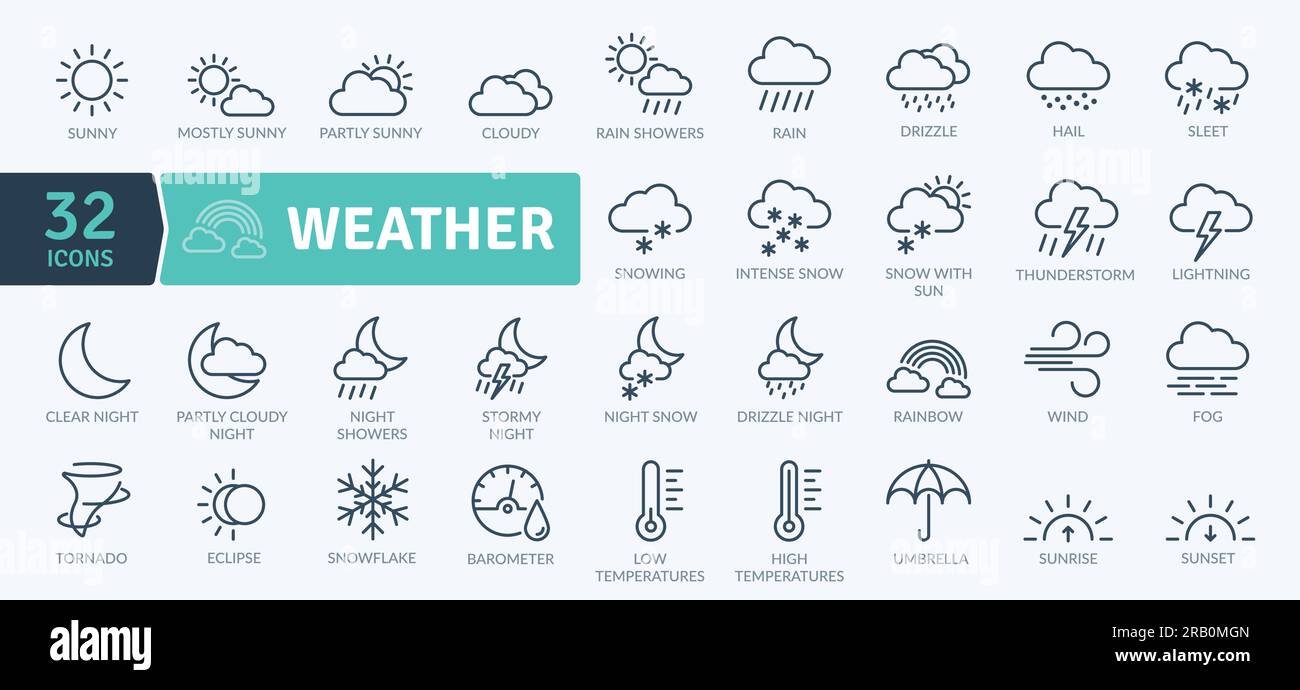 Pack icônes météo. Jeu d'icônes de ligne fine. Icônes vectorielles simples Illustration de Vecteur