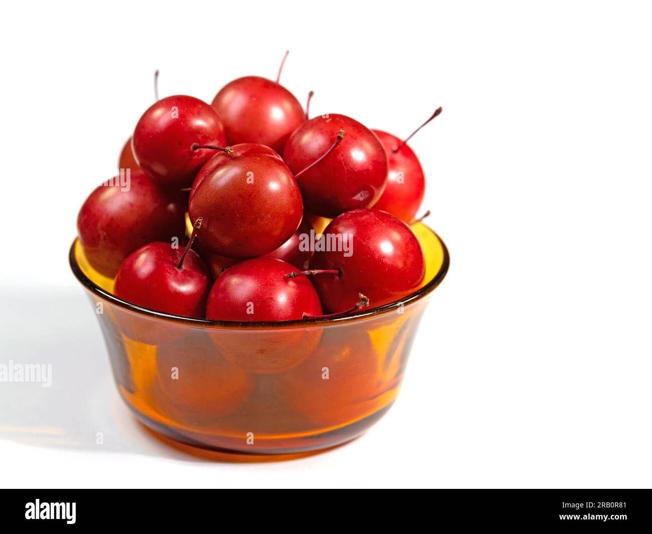 Prunes cerisières, Prunus cerasifera, dans un bol en verre Banque D'Images