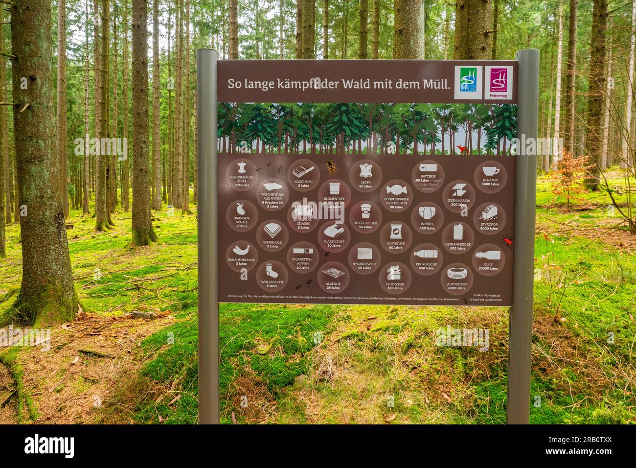 Panneau d'information sur le sentier de randonnée Felsenweg Losheim am See, boucles de rêve Saar-Hunsrück, Parc naturel Saar-Hunsrück, Sarre, Allemagne Banque D'Images