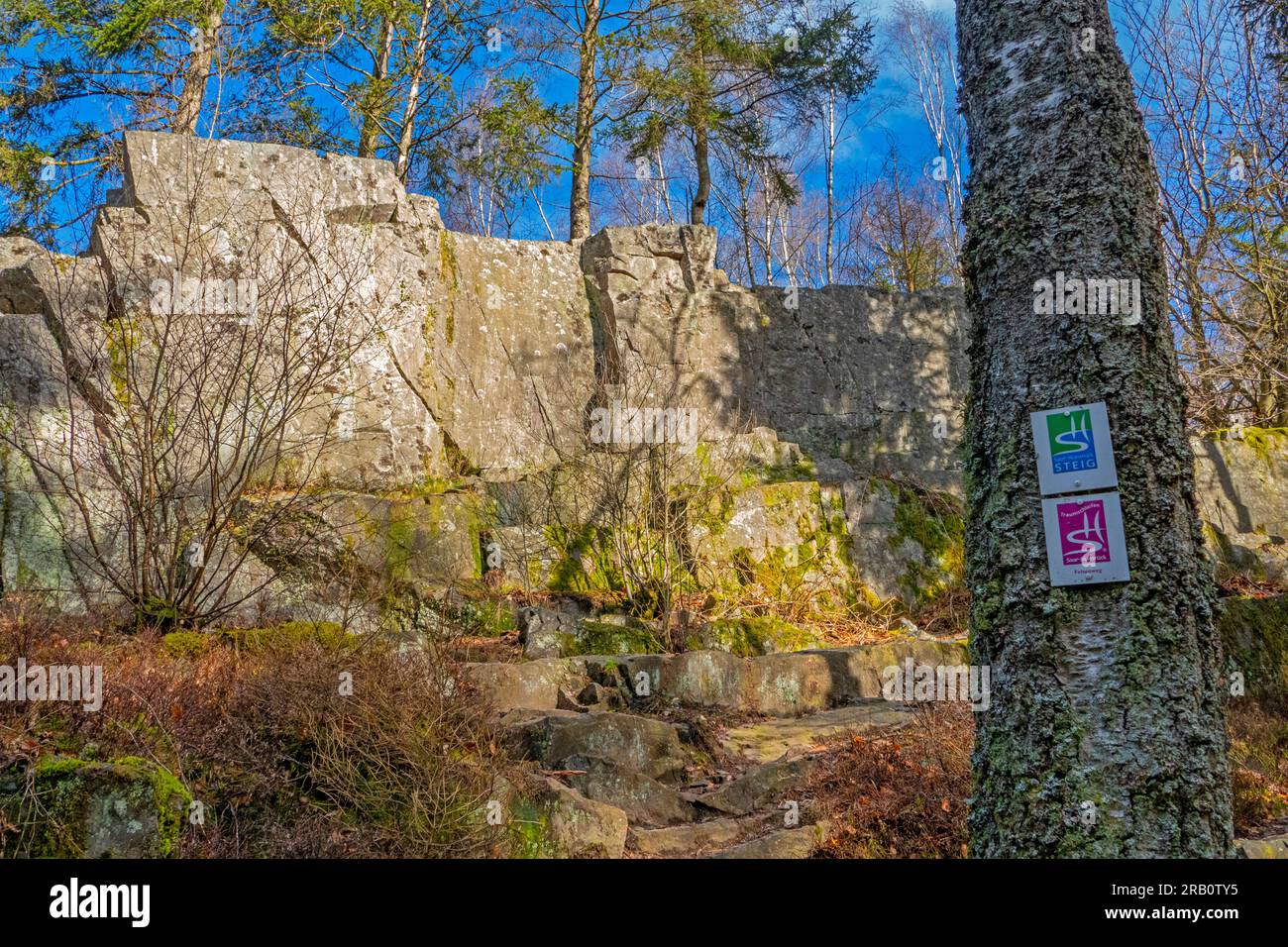 Bärenfelsen près de Scheiden sur le sentier de randonnée Felsenweg Losheim am See, boucles de rêve Saar-Hunsrück, Parc naturel Saar-Hunsrück, Sarre, Allemagne Banque D'Images