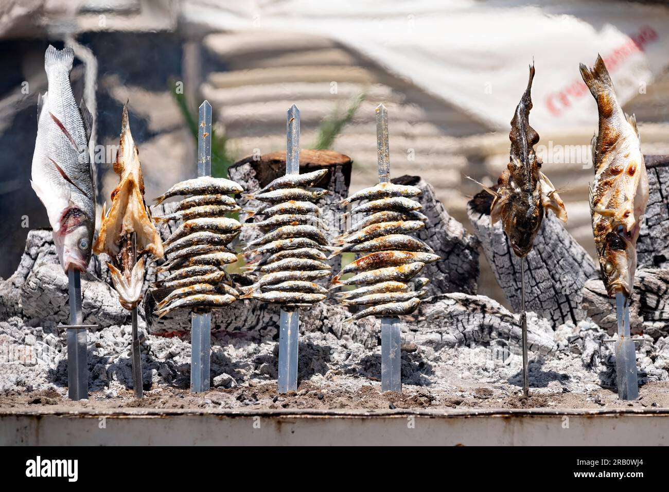 Poissons, sardines et bar, sur brochettes cuisant sur un barbecue au feu de bois en plein air. Le barbecue, dans un bateau, est sur la plage de la Costa Del sol, Espagne Banque D'Images