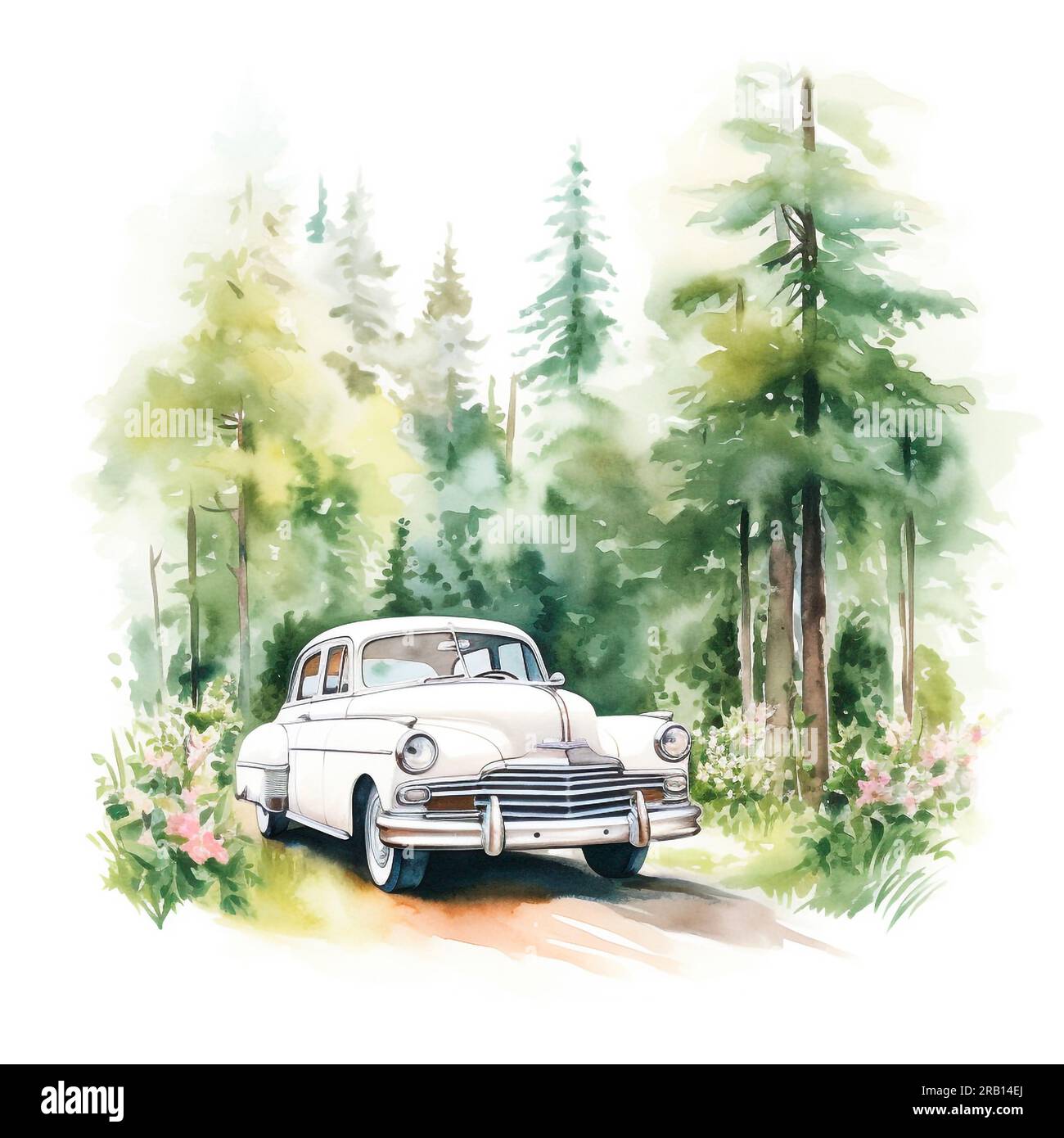 Voiture blanche vintage de mariage dans le mariage de forêt. Illustration d'aquarelle isolée sur fond blanc, clipart pour invitation de mariage ou carte de voeux. Banque D'Images