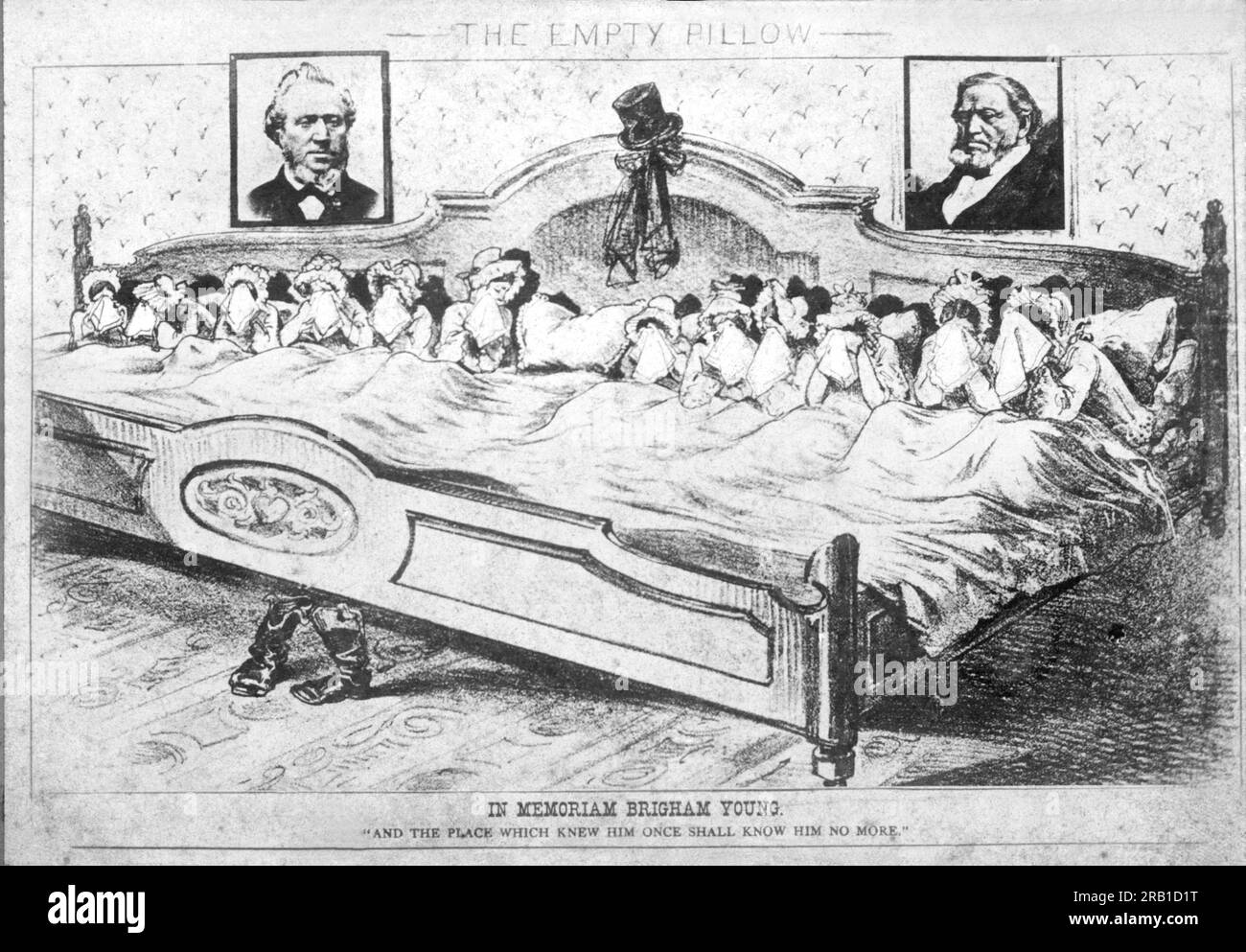 Salt Lake City, Utah : c. 1888 dessin animé représentant les douze épouses de Brigham Young dans son lit avec un oreiller vide et pleurant en mémoire de lui. Banque D'Images