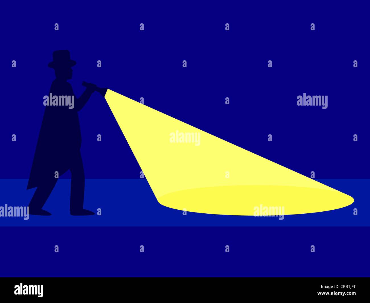 Le détective brille une lampe de poche devant lui. Une silhouette masculine dans un chapeau et un imperméable tient une lampe de poche lumineuse dans sa main. Conception pour affiches Illustration de Vecteur