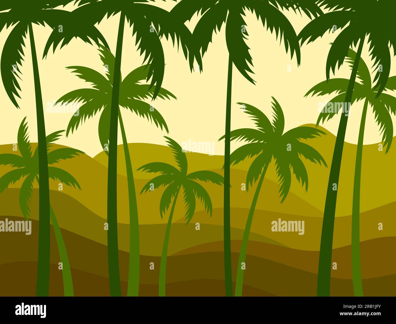 Forêt tropicale de palmiers. Palmiers au premier plan et en arrière-plan. Paysage ondulé avec des collines à l'horizon dans un style minimaliste. Conception d'affiches, Illustration de Vecteur