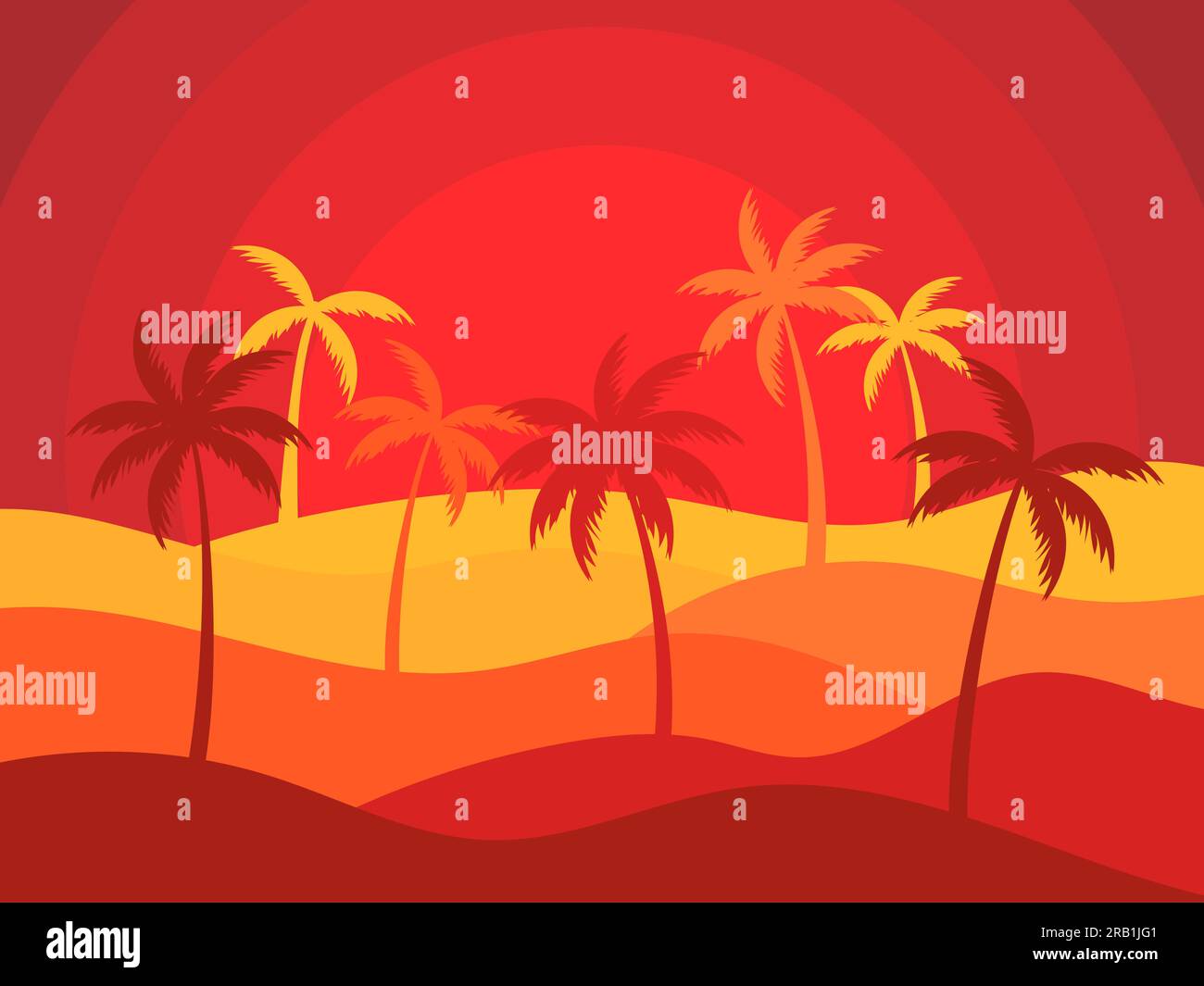 Paysage désertique ondulé avec soleil et palmiers dans le style du papier coupé. Lever de soleil dans le désert, dunes de sable avec silhouettes de palmiers. Conception pour impression, Illustration de Vecteur