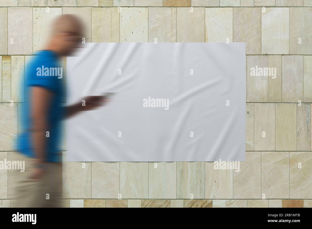 Horizontal blanc froissé street poster sur mur carreaux de marbre. Avec chemin de détourage autour de l'affiche. 3d illustration Banque D'Images