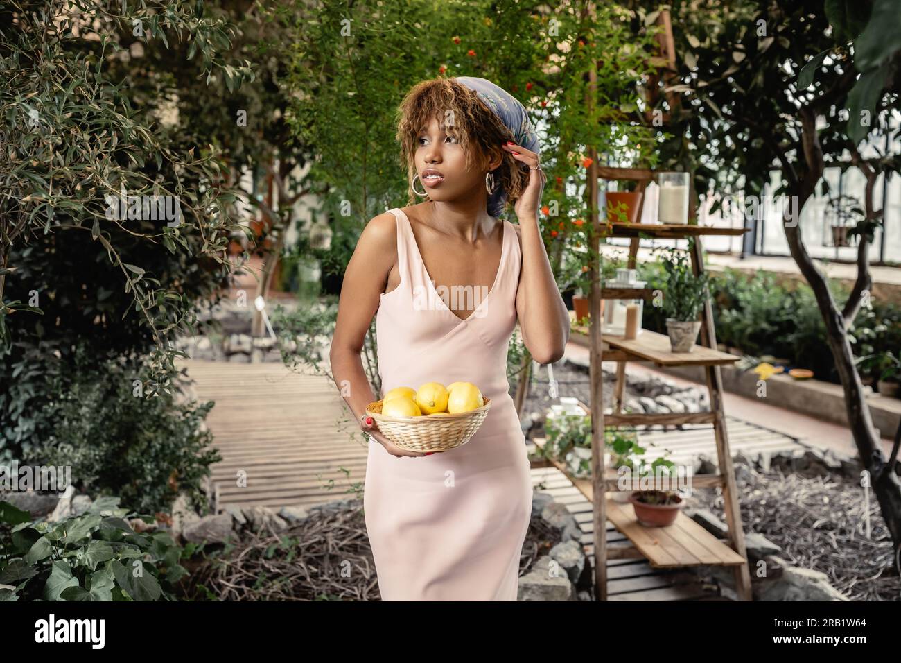 Jeune femme afro-américaine en tenue d'été et foulard tenant le panier avec des citrons frais et debout dans le jardin intérieur à l'arrière-plan, fashion-forw Banque D'Images