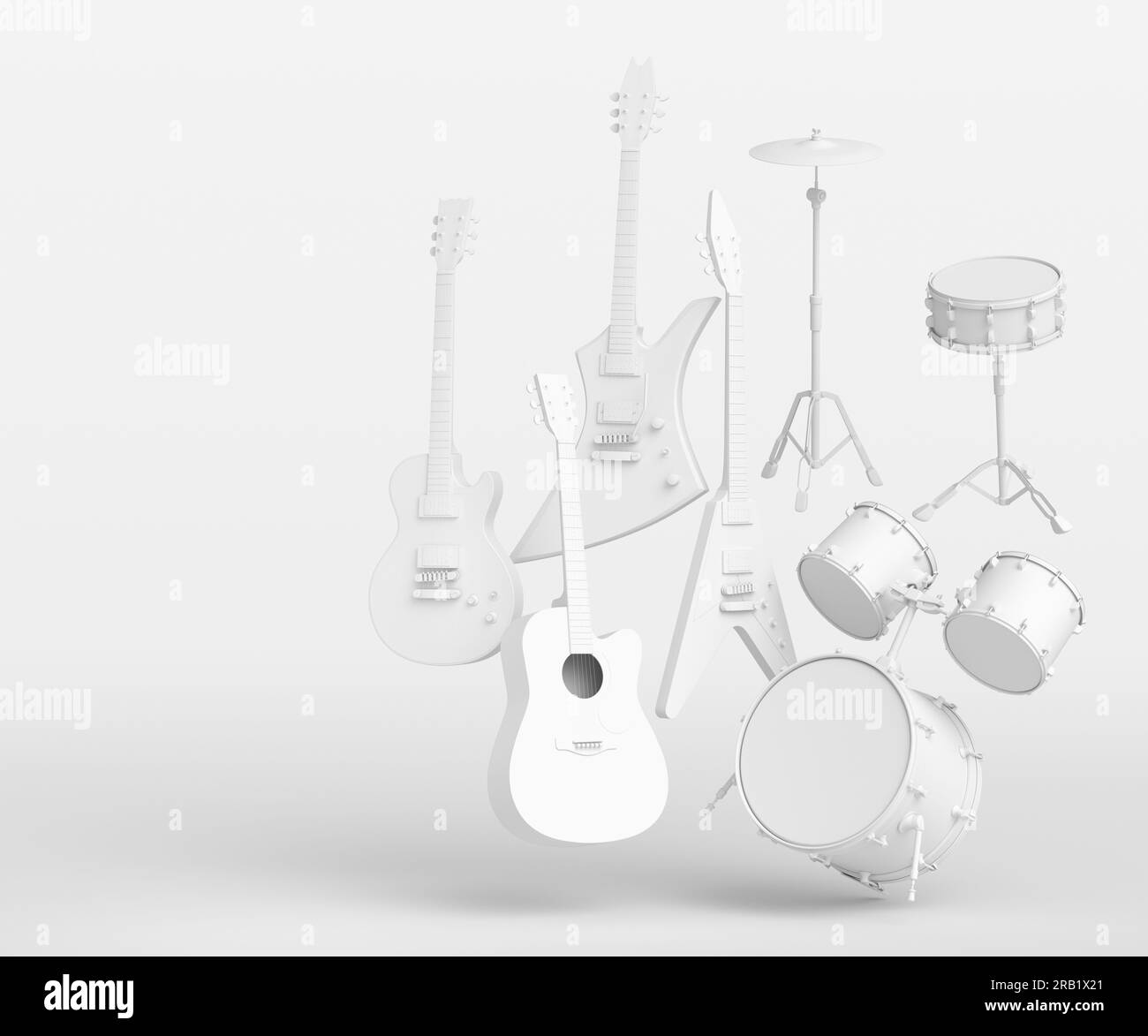 Jeu de guitares acoustiques électriques et batterie avec cymbales métalliques sur fond monochrome. 3d rendu de l'instrument à percussion, de la machine à tambour et du tambour w Banque D'Images