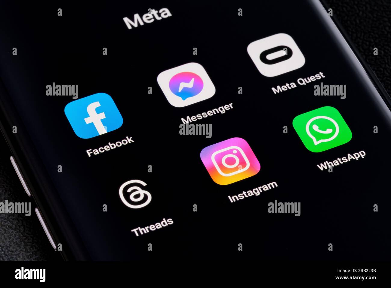 Toutes les applications Meta Platform sur l'écran du smartphone Facebook, Instagram, WhatsApp, Messenger, threads, Meta Quest, lieu de travail. Concept Stafford, États-Unis Banque D'Images