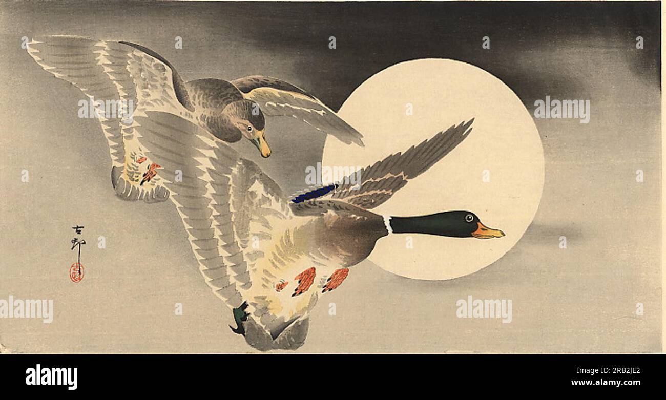 Oies en vol avant La pleine lune par Ohara Koson Banque D'Images