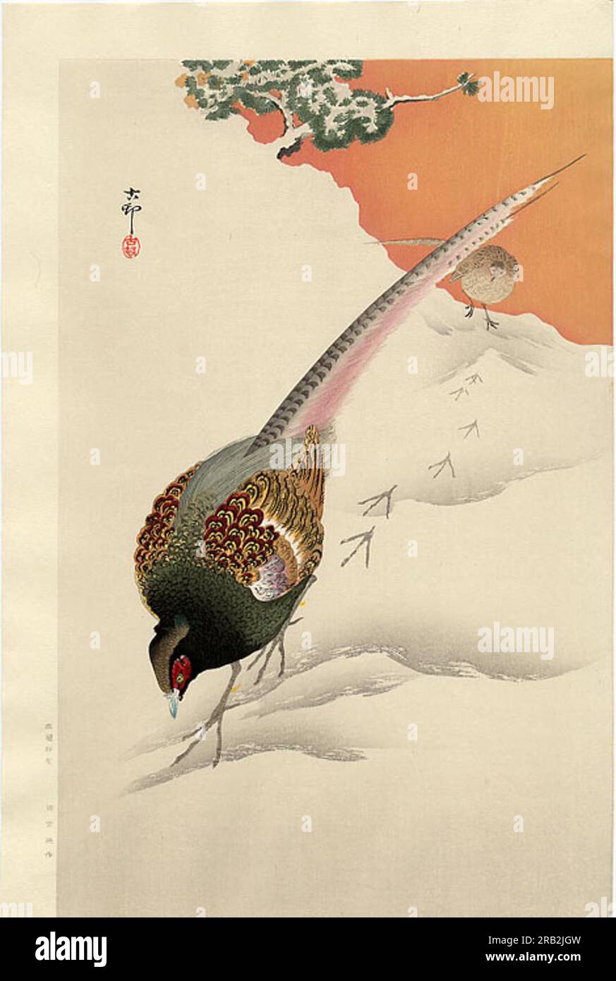 Une paire de faisans dans la neige 1910 par Ohara Koson Banque D'Images