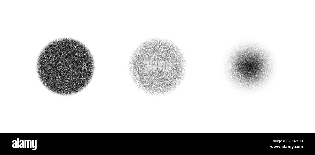 Jeu de cercles de texture pointillée. Collection d'éléments ronds à pois noirs. Décoloration des formes de points de grain de bruit. Pack d'illustrations d'effets de demi-teintes et d'ombres disparates. Pack Vector Illustration de Vecteur
