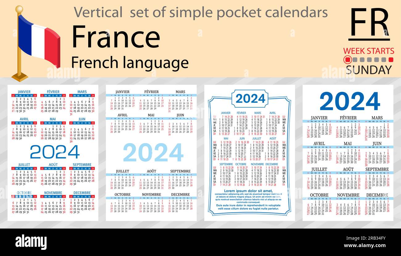 Jeu vertical français de calendrier de poche pour 2024 (deux mille vingt-quatre). La semaine commence dimanche. Nouvel an. Conception simple de couleur. Vecteur Illustration de Vecteur