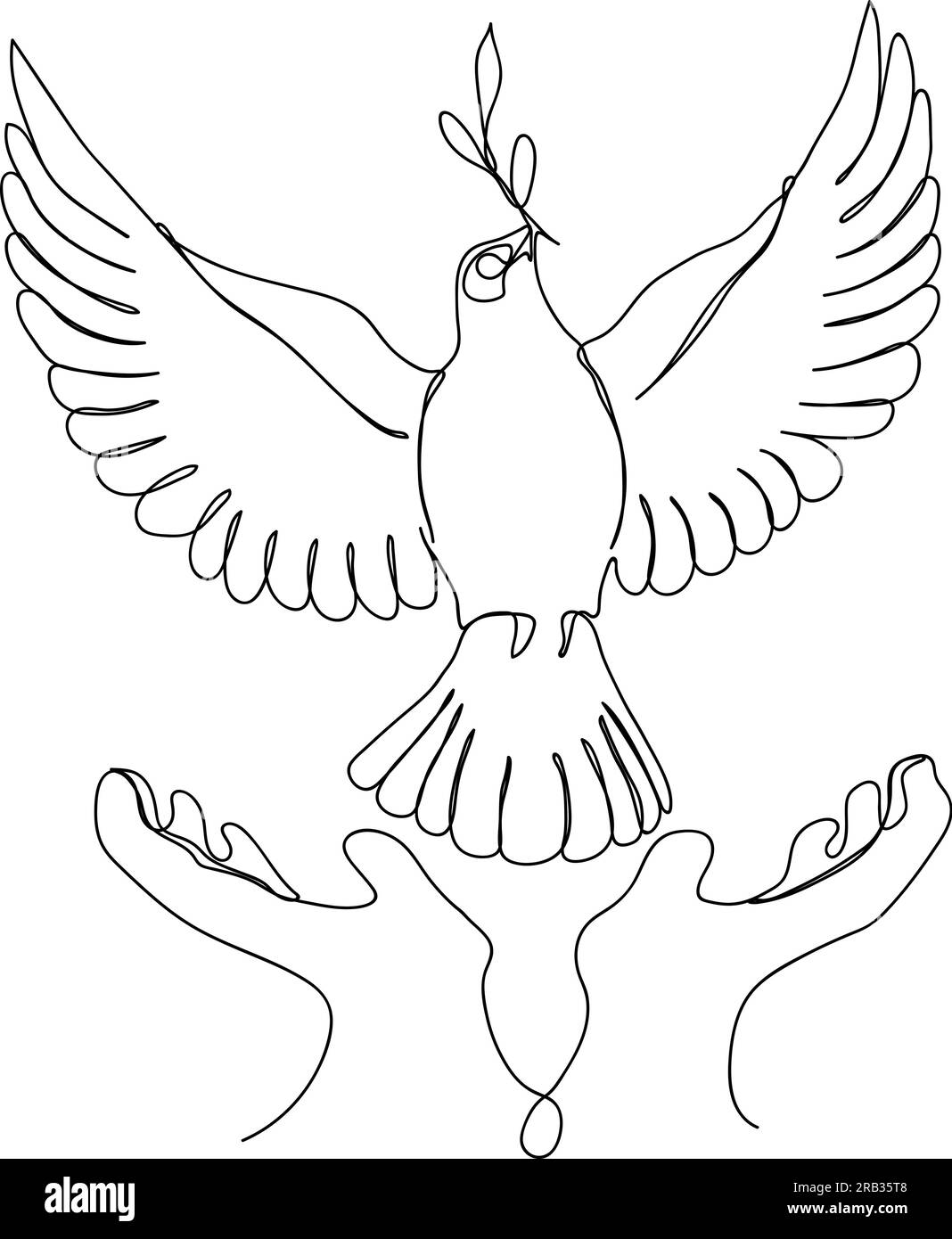 Un dessin en trait plein d'une colombe décollant des mains. Un oiseau tient une branche d'olivier. Symbole de paix et de liberté dans un style linéaire simple. Vecteur illu Illustration de Vecteur