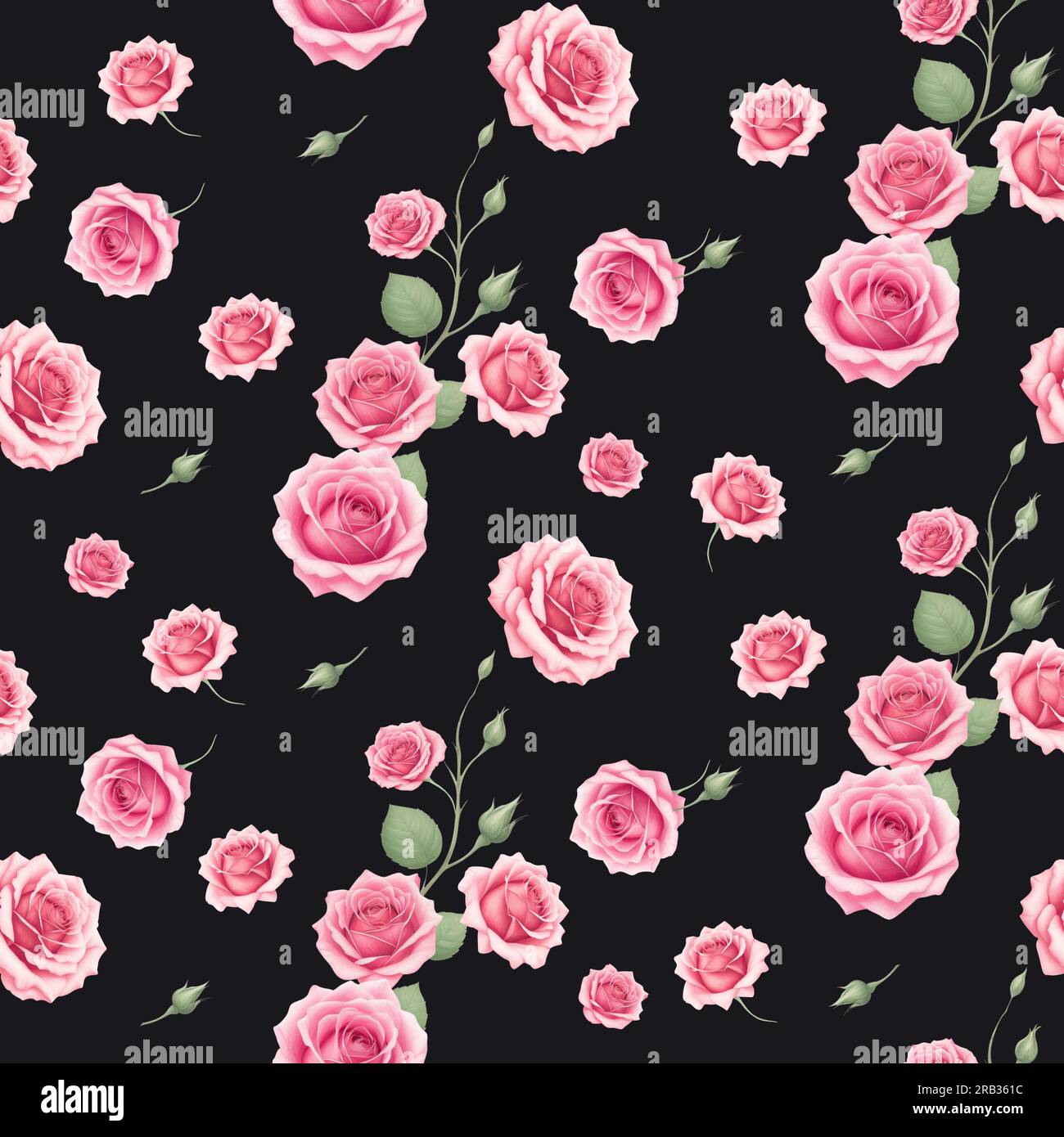 Motif sans couture fleur rose rose et éléments de bourgeons doux sur fond noir Banque D'Images